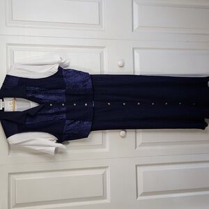 Vintage Lady‎ Dorby Blue & White Maxi Dress Size XL Crochet Gold Buttons Floral